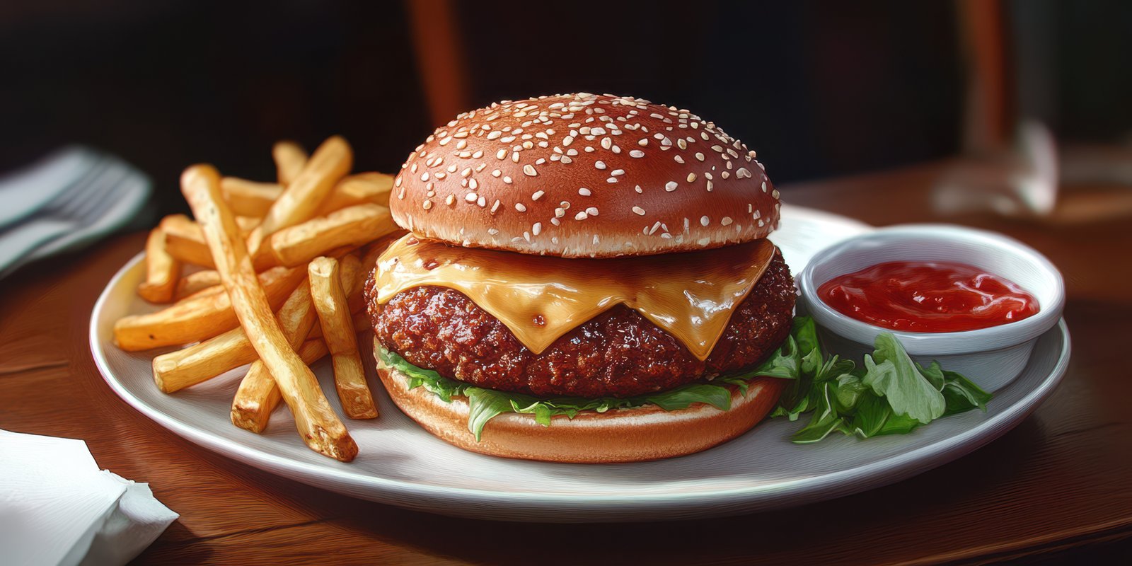 Delicious cheeseburger served with crispy fries and ketchup in a cozy restaurant setting